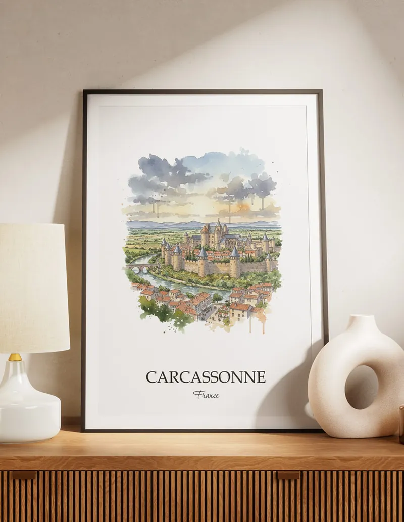A lovely interior preview showcasing a vintage-vibe travel poster design of the scenic Carcassonne city.