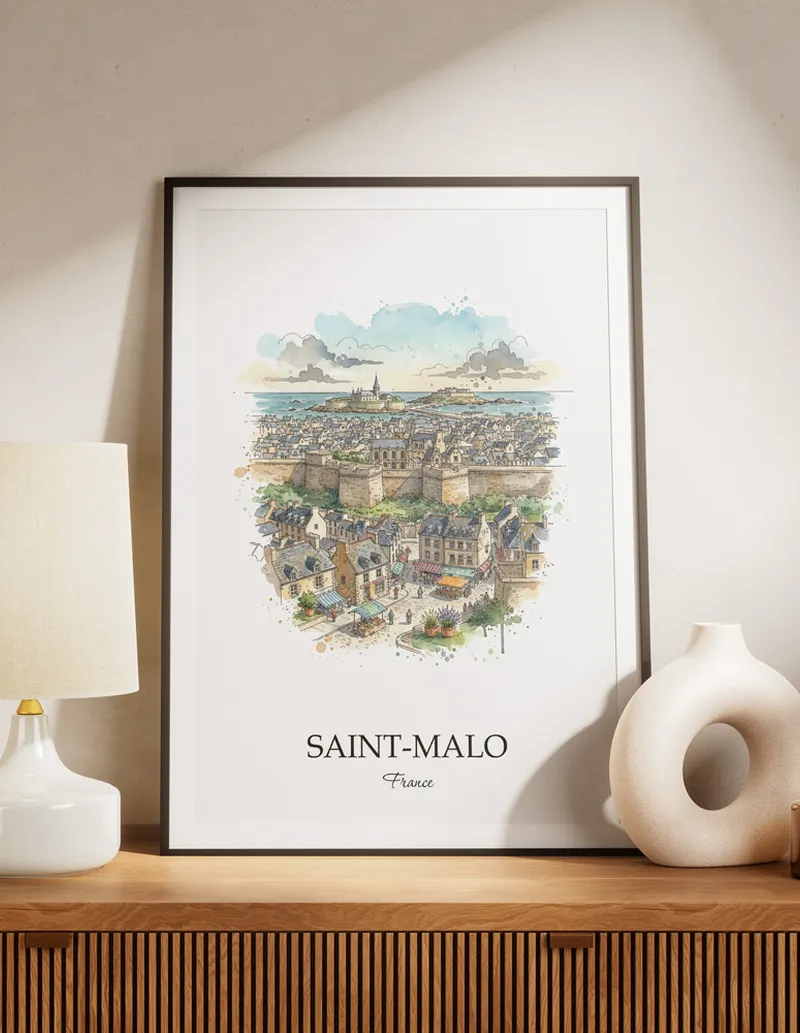 A lovely interior preview showcasing a vintage-vibe travel poster design of the scenic Saint-Malo city.