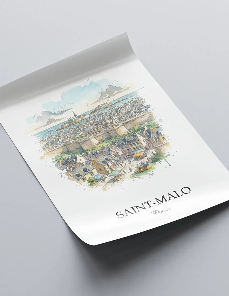A close-up of a high-quality paper print featuring the Saint-Malo city minimalist design.