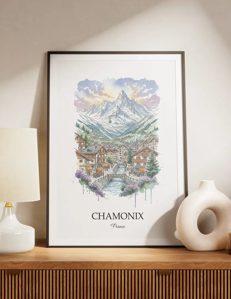 A lovely interior preview showcasing a vintage-vibe travel poster design of the scenic Chamonix city.