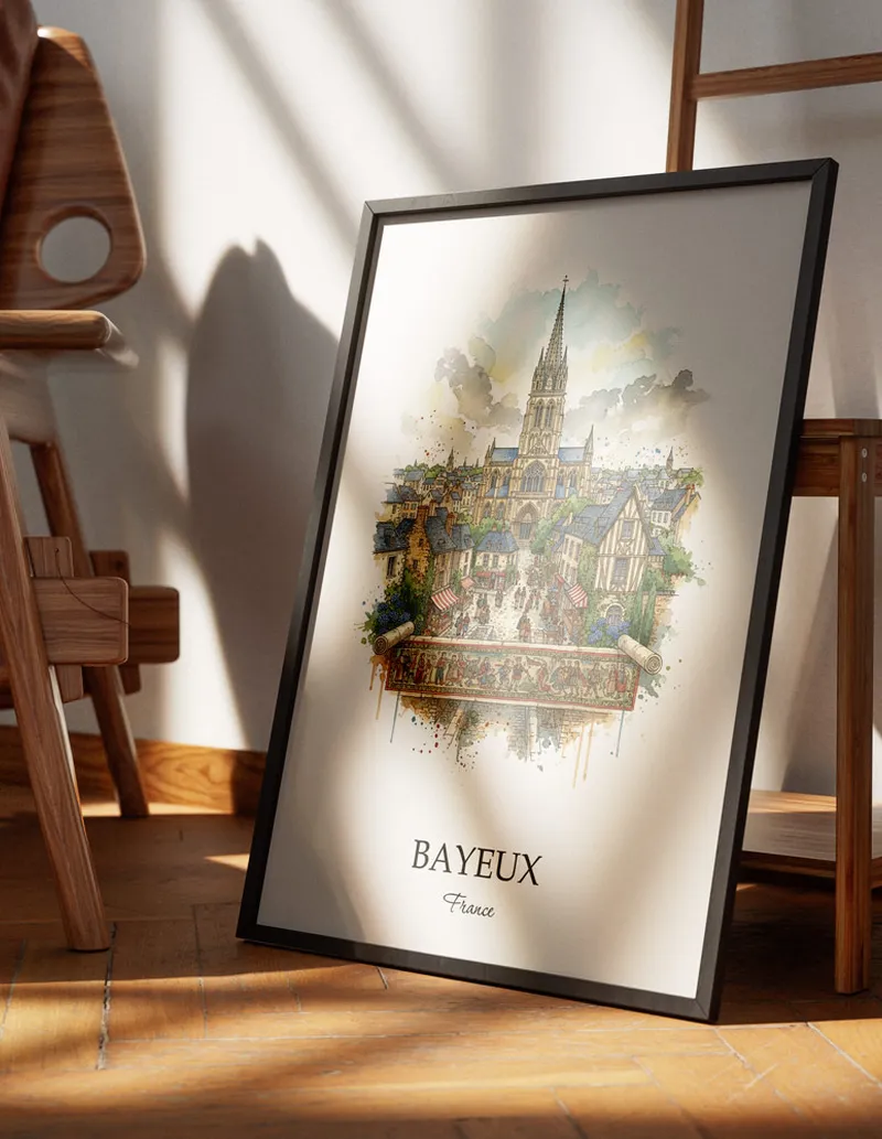 Minimalist poster of Bayeux city in France in a light frame standing on the floor in a dark moody interior.