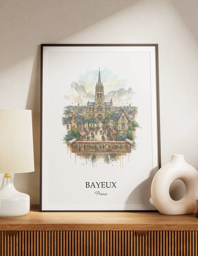 A lovely interior preview showcasing a vintage-vibe travel poster design of the scenic Bayeux city.