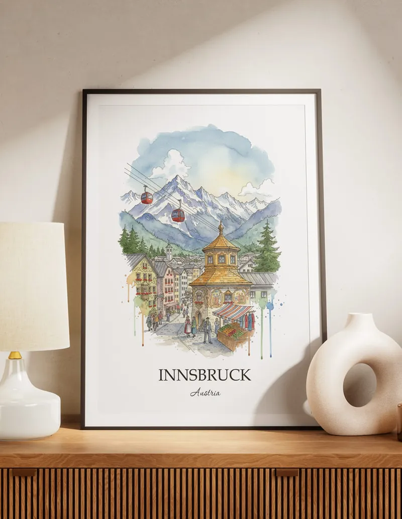 A lovely interior preview showcasing a vintage-vibe travel poster design of the scenic Innsbruck city.