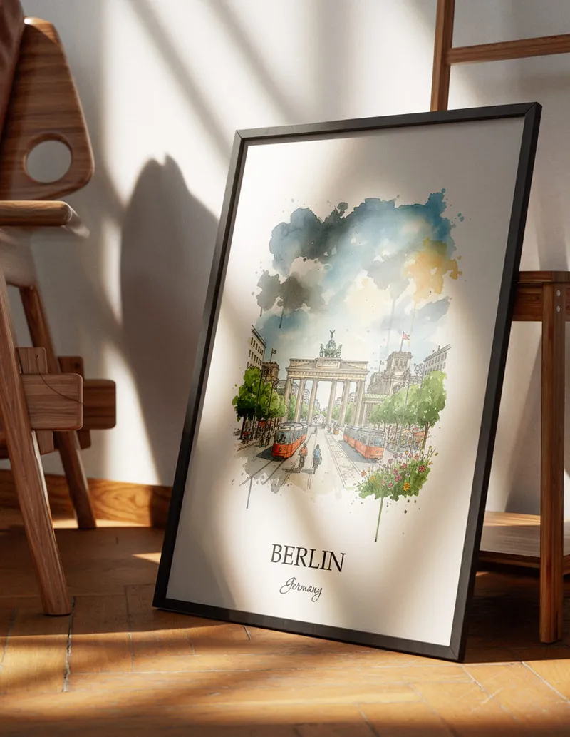 Minimalist poster of Berlin city in Germany in a light frame standing on the floor in a dark moody interior.