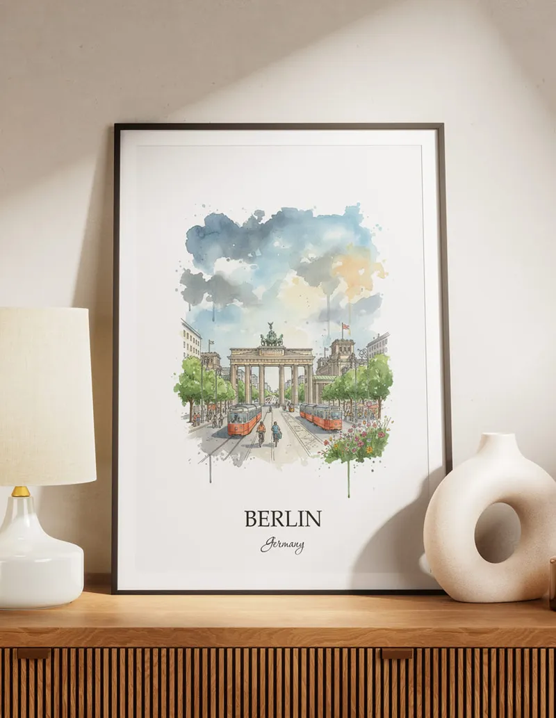 A lovely interior preview showcasing a vintage-vibe travel poster design of the scenic Berlin city.