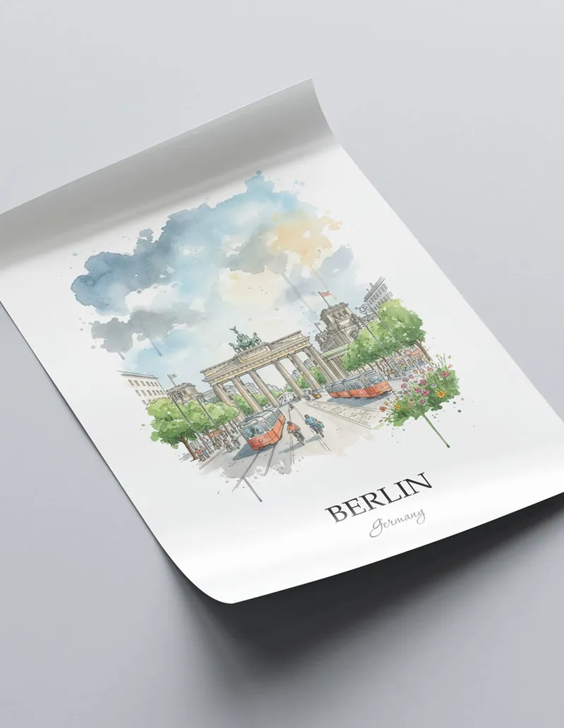 A close-up of a high-quality paper print featuring the Berlin city minimalist design.