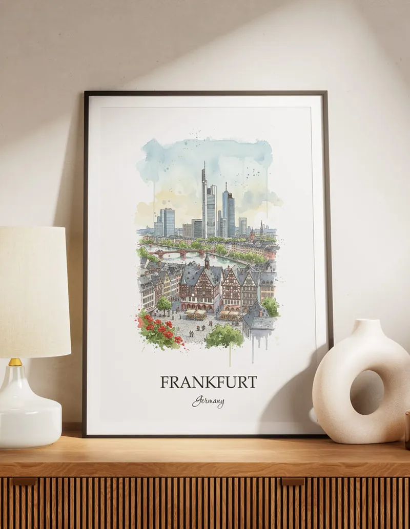 A lovely interior preview showcasing a vintage-vibe travel poster design of the scenic Frankfurt city.