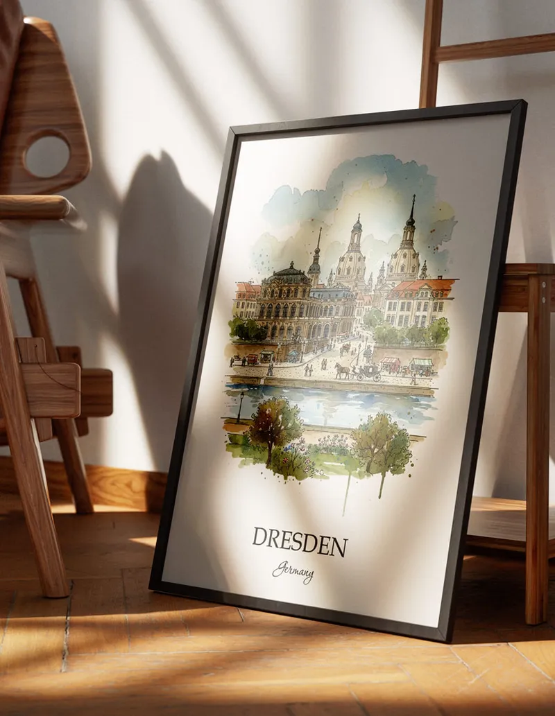 Minimalist poster of Dresden city in Germany in a light frame standing on the floor in a dark moody interior.