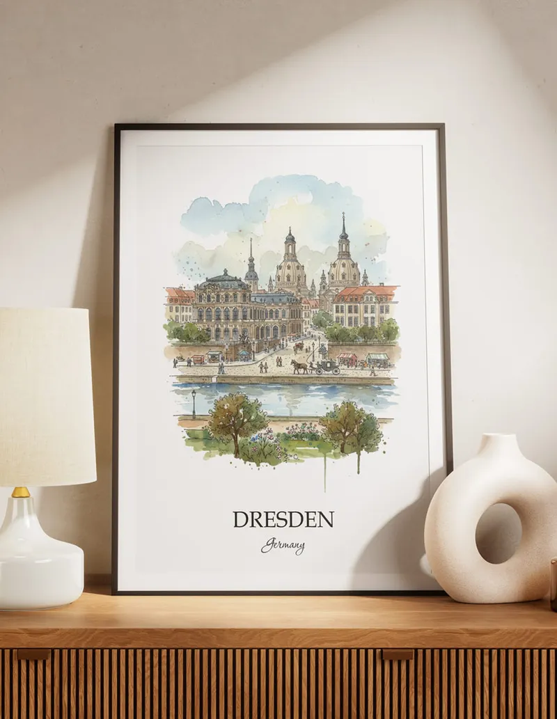 A lovely interior preview showcasing a vintage-vibe travel poster design of the scenic Dresden city.