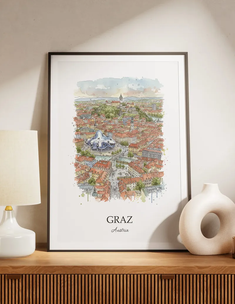 A lovely interior preview showcasing a vintage-vibe travel poster design of the scenic Graz city.
