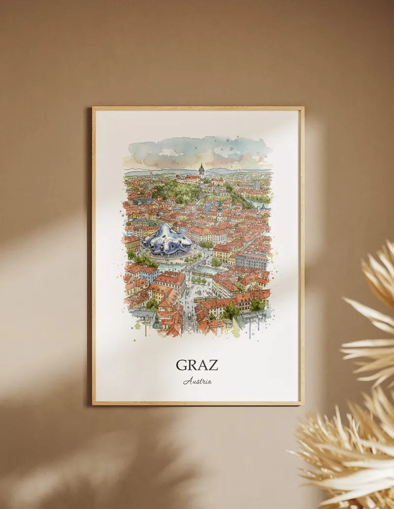 A clean and modern mockup showing a framed Graz city print on a minimalist background.