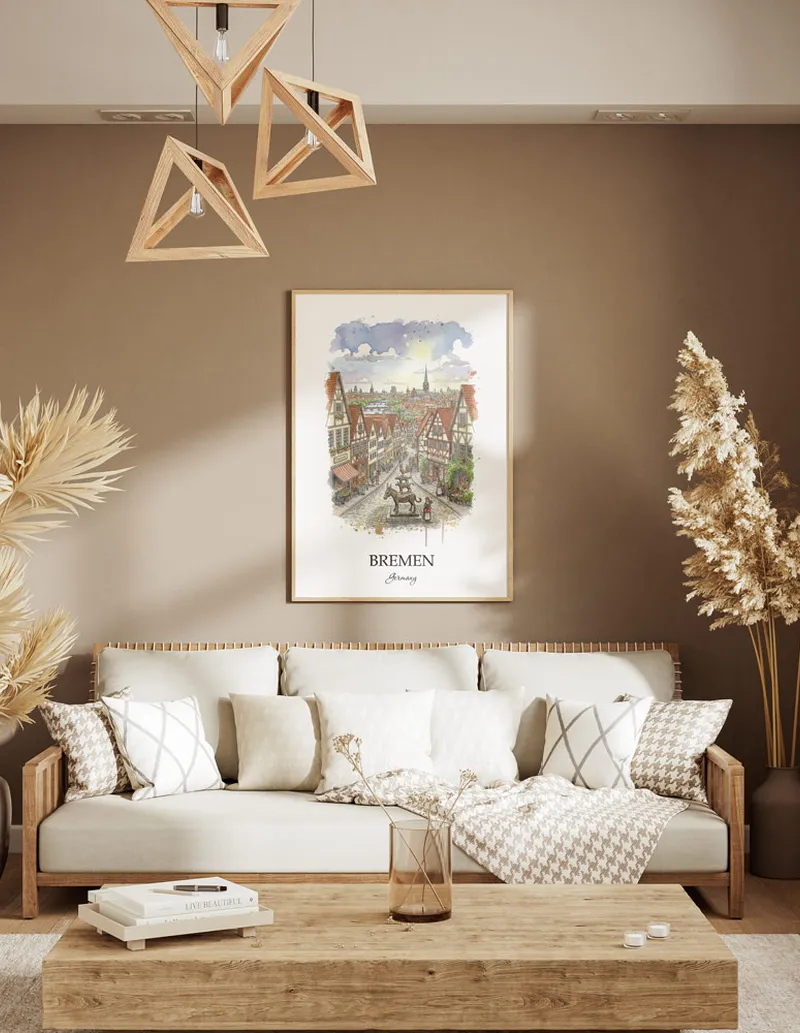 A gorgeous boho-inspired living space with a framed vintage travel poster of Bremen city on display.