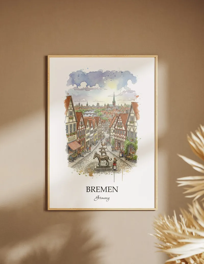 A clean and modern mockup showing a framed Bremen city print on a minimalist background.