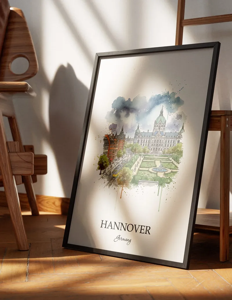 Minimalist poster of Hannover city in Germany in a light frame standing on the floor in a dark moody interior.