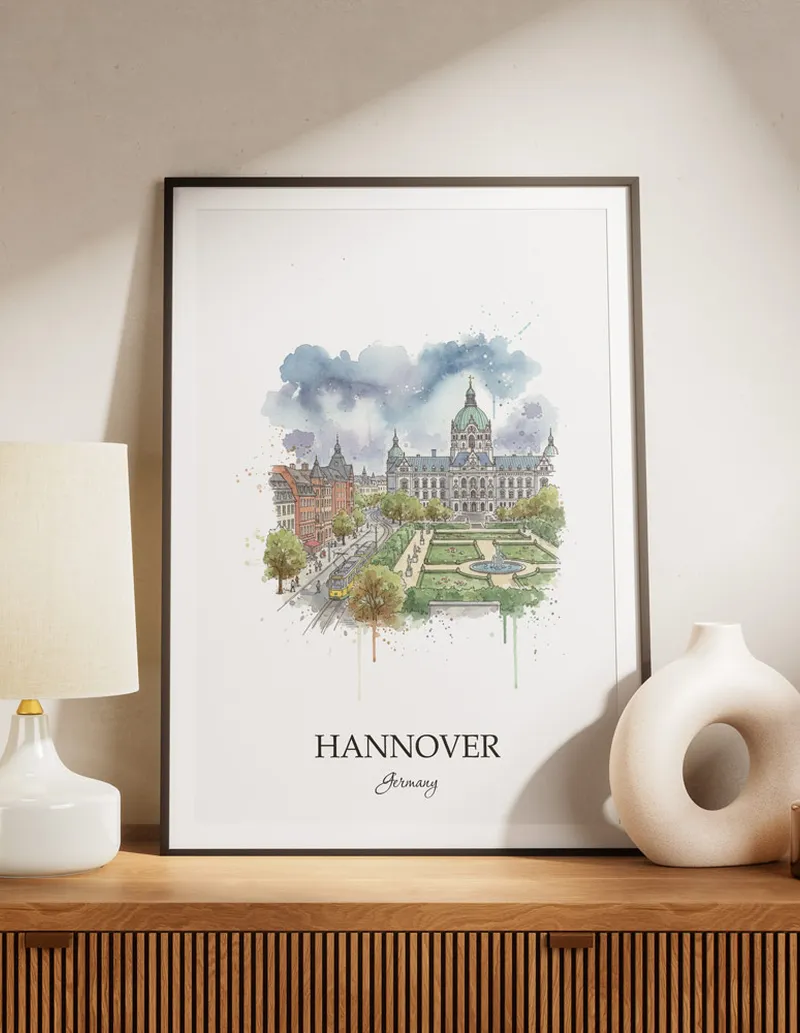 A lovely interior preview showcasing a vintage-vibe travel poster design of the scenic Hannover city.