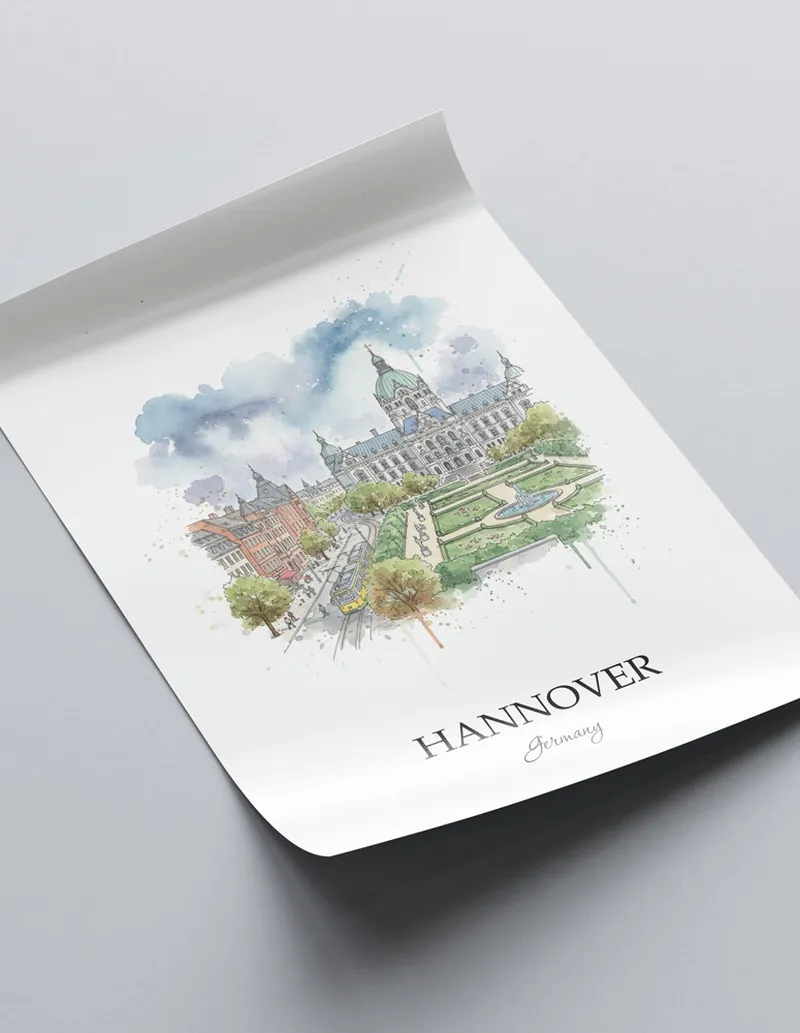 A close-up of a high-quality paper print featuring the Hannover city minimalist design.