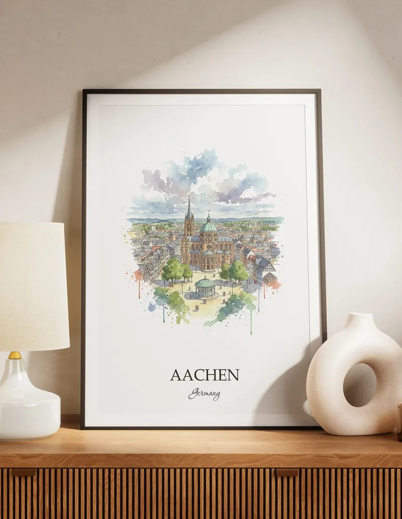 A lovely interior preview showcasing a vintage-vibe travel poster design of the scenic Aachen city.