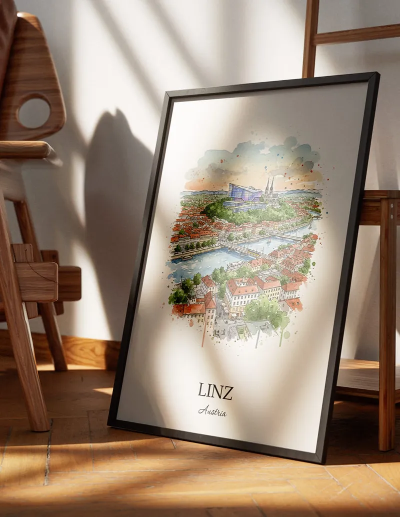 Minimalist poster of Linz city in Austria in a light frame standing on the floor in a dark moody interior.