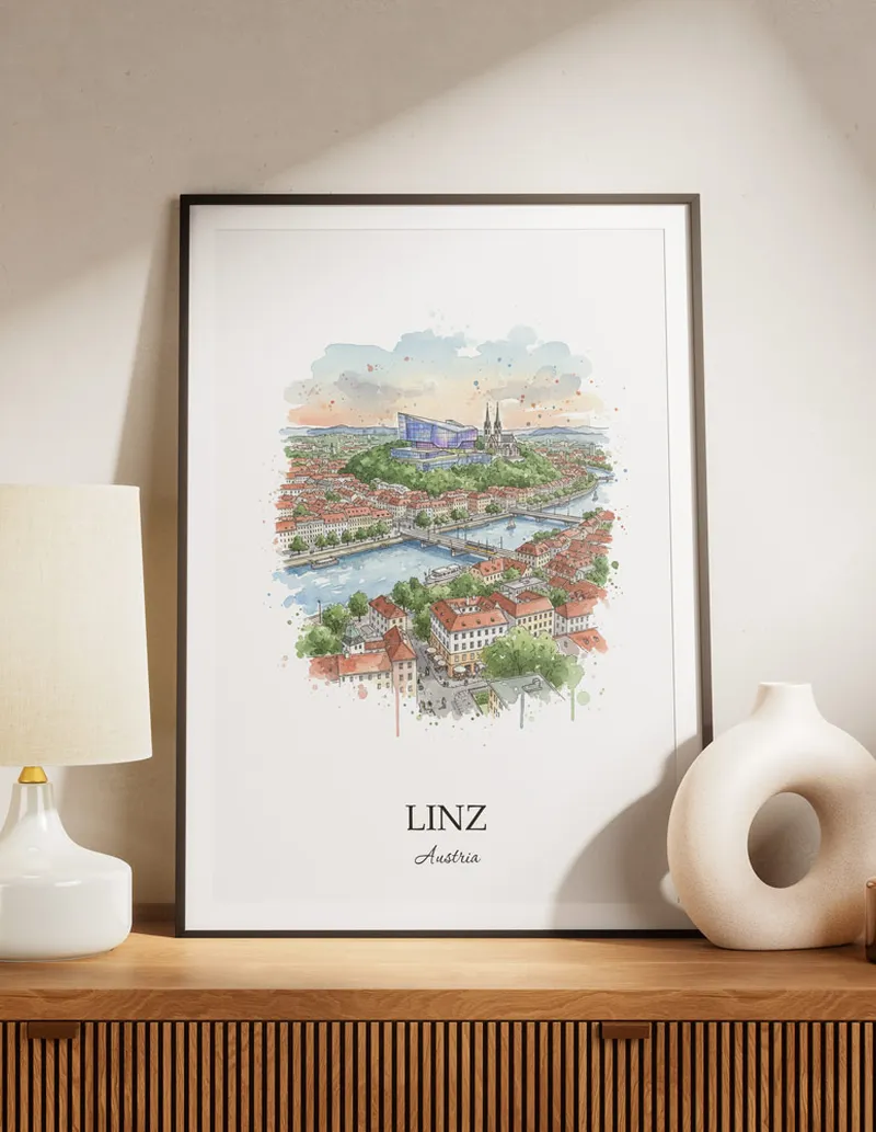 A lovely interior preview showcasing a vintage-vibe travel poster design of the scenic Linz city.