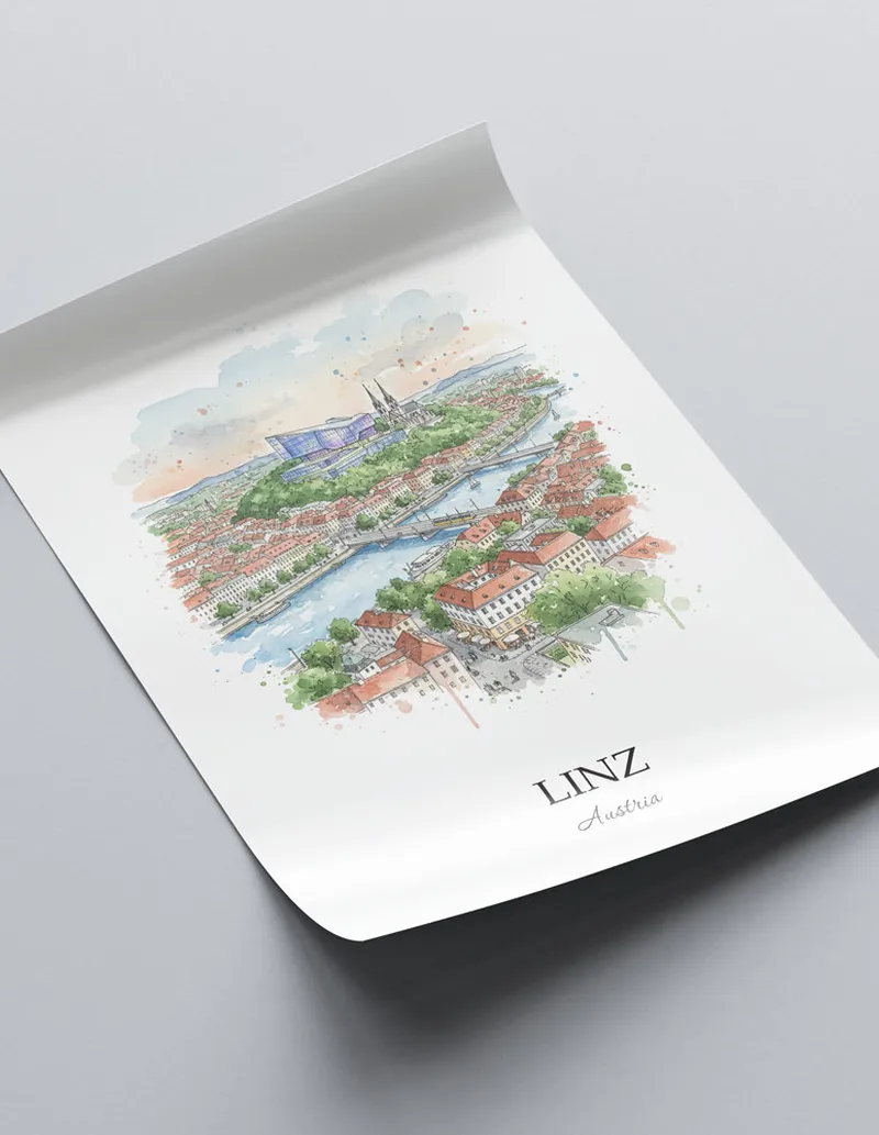 A close-up of a high-quality paper print featuring the Linz city minimalist design.