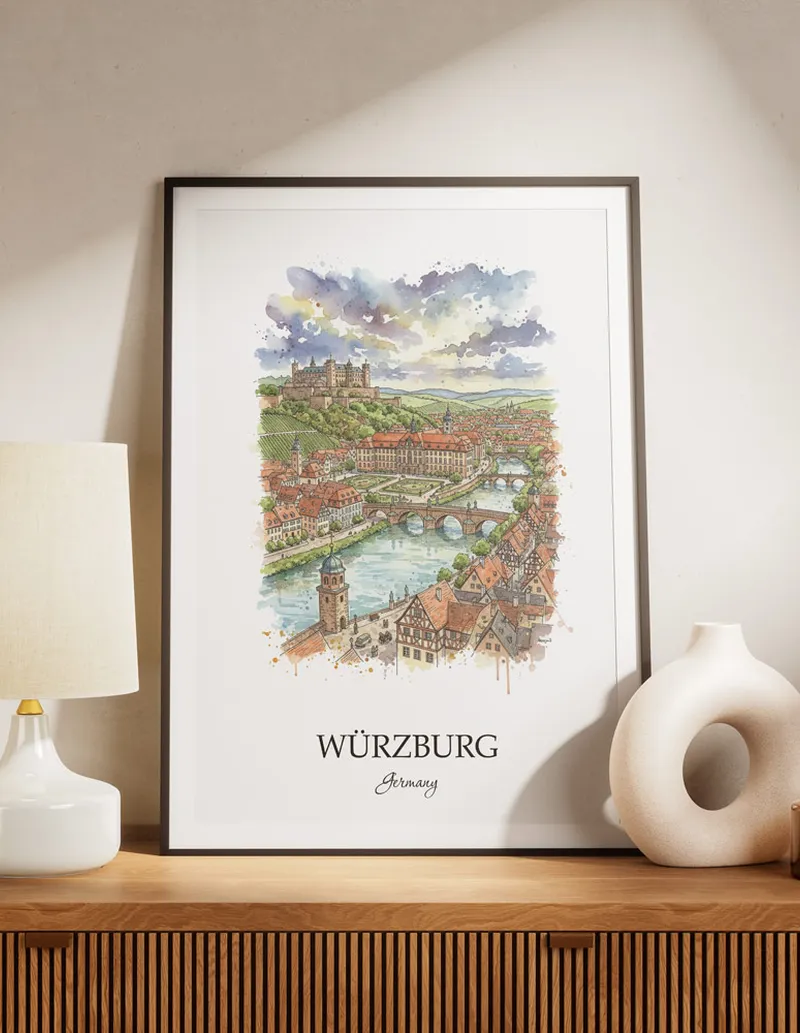 A lovely interior preview showcasing a vintage-vibe travel poster design of the scenic Würzburg city.