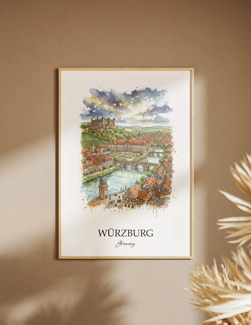 A clean and modern mockup showing a framed Würzburg city print on a minimalist background.
