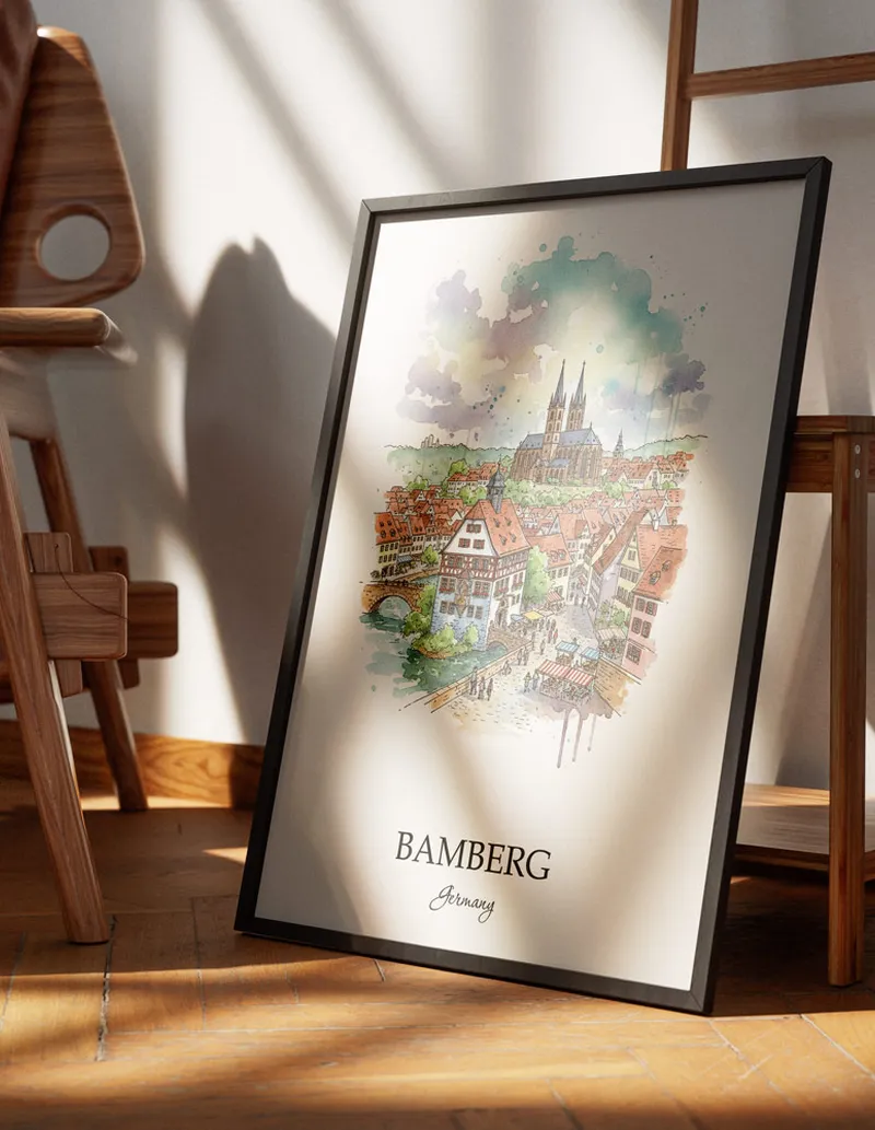 Minimalist poster of Bamberg city in Germany in a light frame standing on the floor in a dark moody interior.