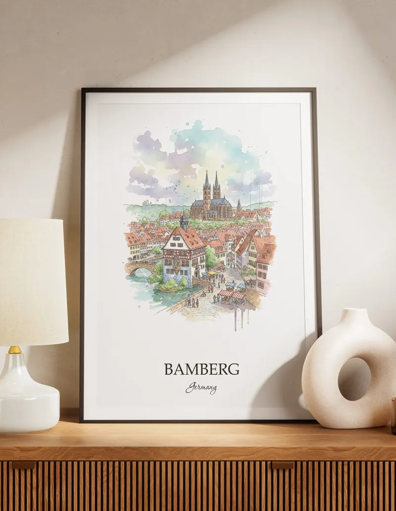 A lovely interior preview showcasing a vintage-vibe travel poster design of the scenic Bamberg city.