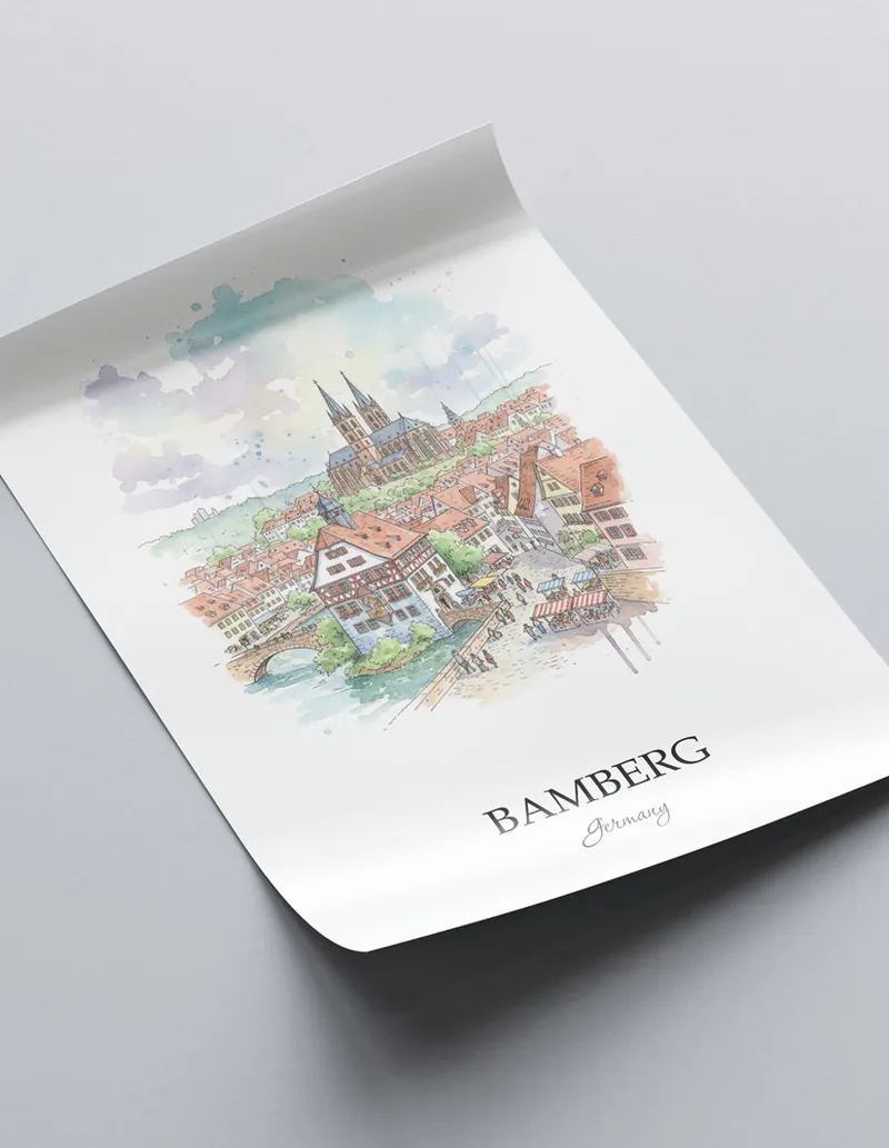 A close-up of a high-quality paper print featuring the Bamberg city minimalist design.