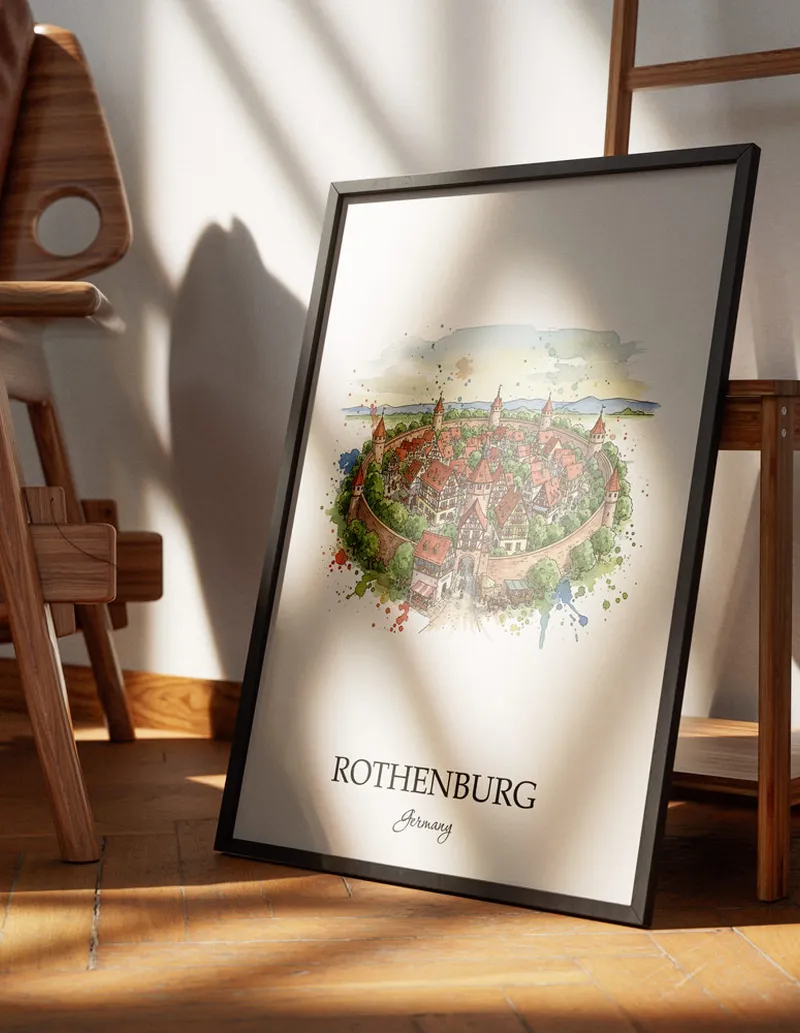 Minimalist poster of Rothenburg ob der Tauber city in Germany in a light frame standing on the floor in a dark moody interior.