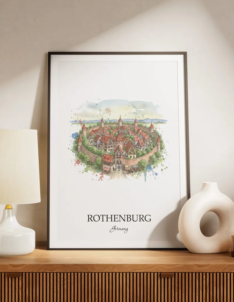 A lovely interior preview showcasing a vintage-vibe travel poster design of the scenic Rothenburg ob der Tauber city.
