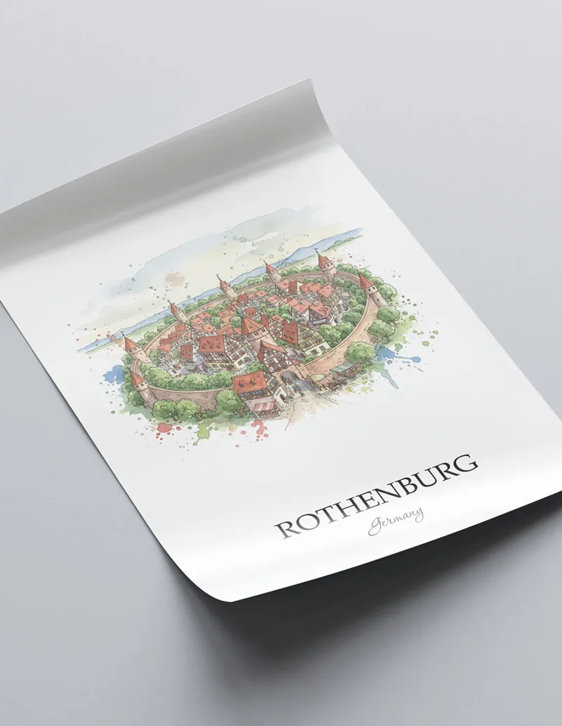 A close-up of a high-quality paper print featuring the Rothenburg ob der Tauber city minimalist design.
