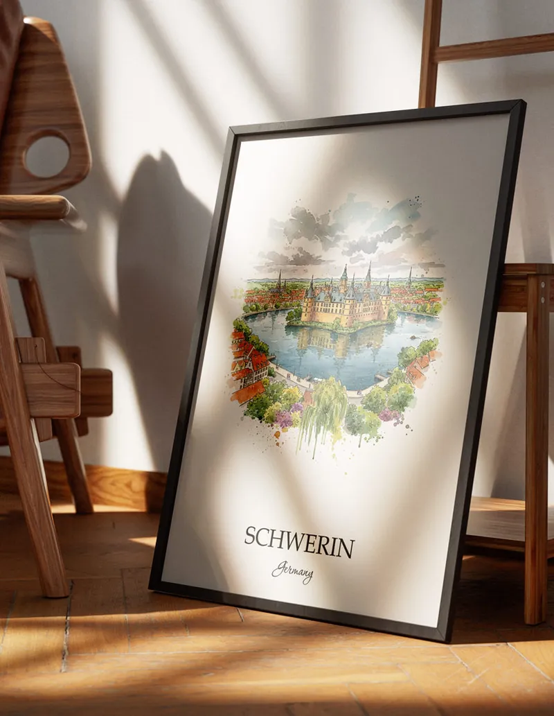 Minimalist poster of Schwerin city in Germany in a light frame standing on the floor in a dark moody interior.