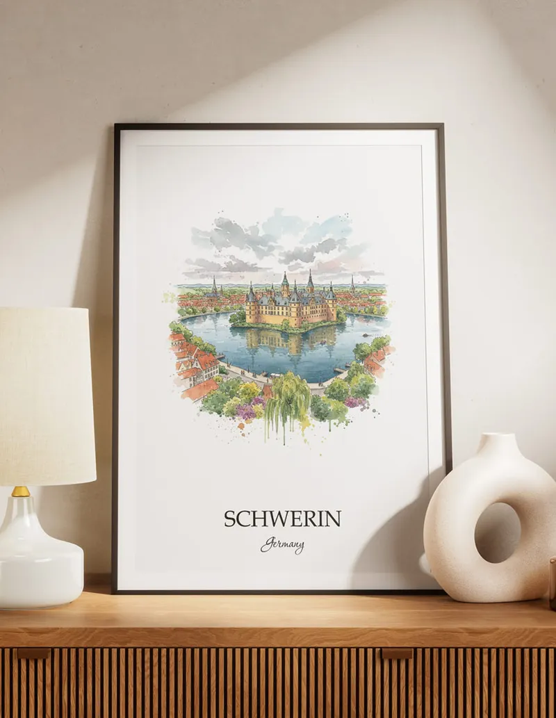 A lovely interior preview showcasing a vintage-vibe travel poster design of the scenic Schwerin city.