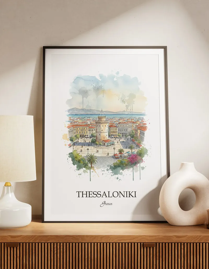 A lovely interior preview showcasing a vintage-vibe travel poster design of the scenic Thessaloniki city.