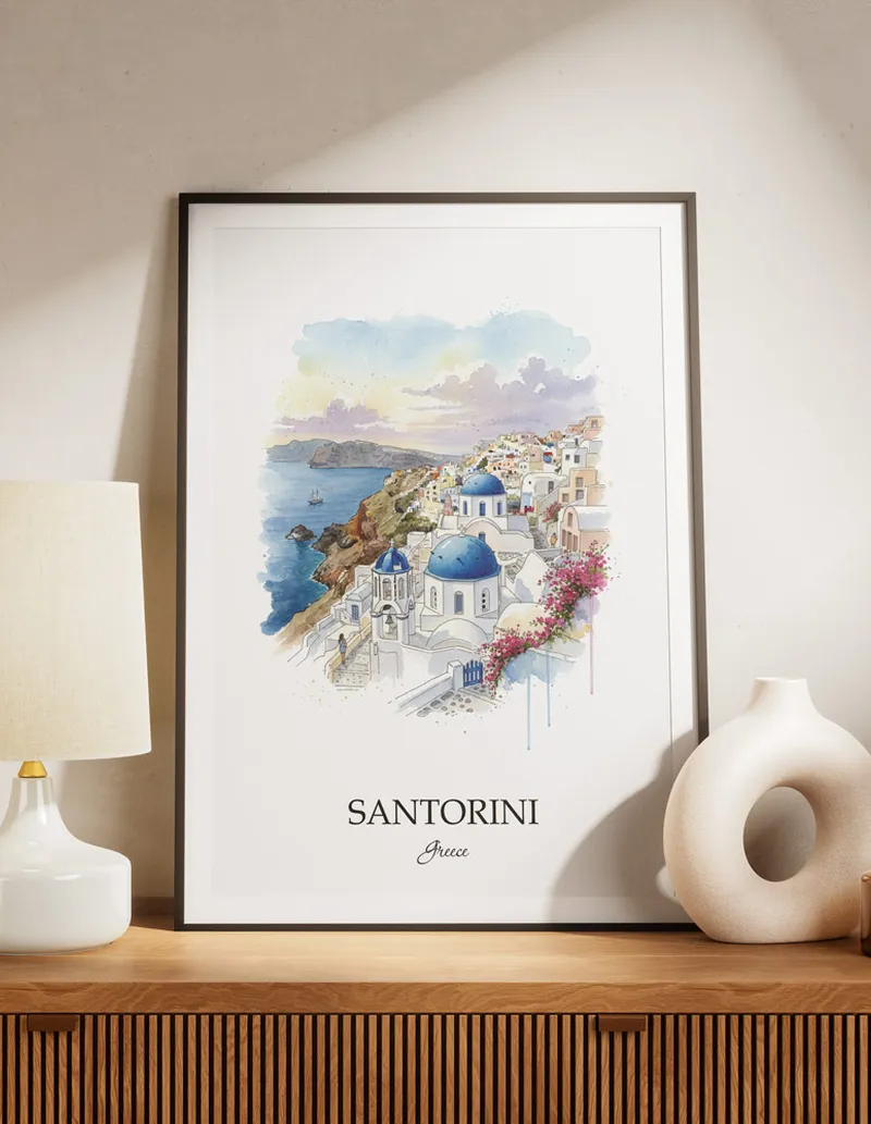 A lovely interior preview showcasing a vintage-vibe travel poster design of the scenic Santorini (Oia) city.