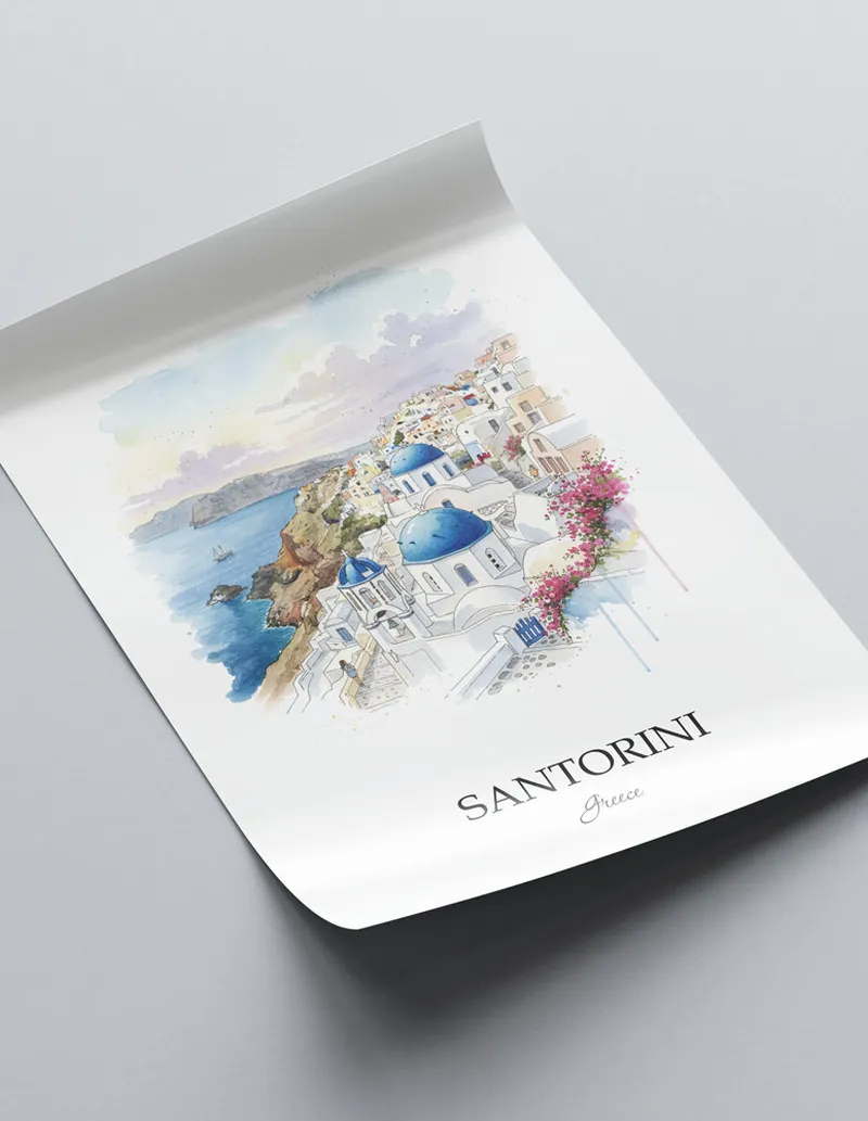 A close-up of a high-quality paper print featuring the Santorini (Oia) city minimalist design.