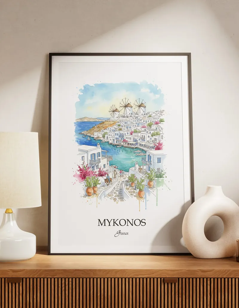 A lovely interior preview showcasing a vintage-vibe travel poster design of the scenic Mykonos (Chora) city.