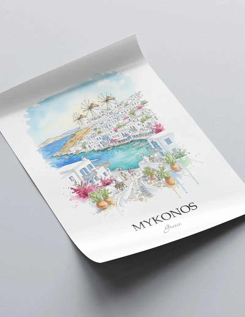 A close-up of a high-quality paper print featuring the Mykonos (Chora) city minimalist design.