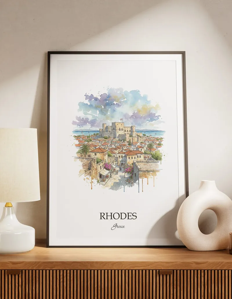 A lovely interior preview showcasing a vintage-vibe travel poster design of the scenic Rhodes (City) city.