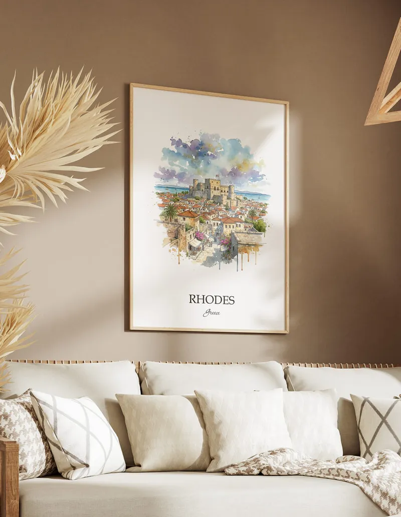 Vintage travel poster of Rhodes (City) city, Greece in a light frame displayed above a sofa in a bright boho interior.