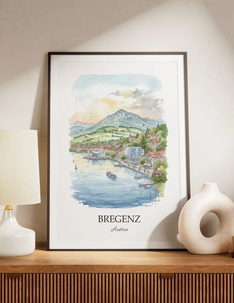 A lovely interior preview showcasing a vintage-vibe travel poster design of the scenic Bregenz city.