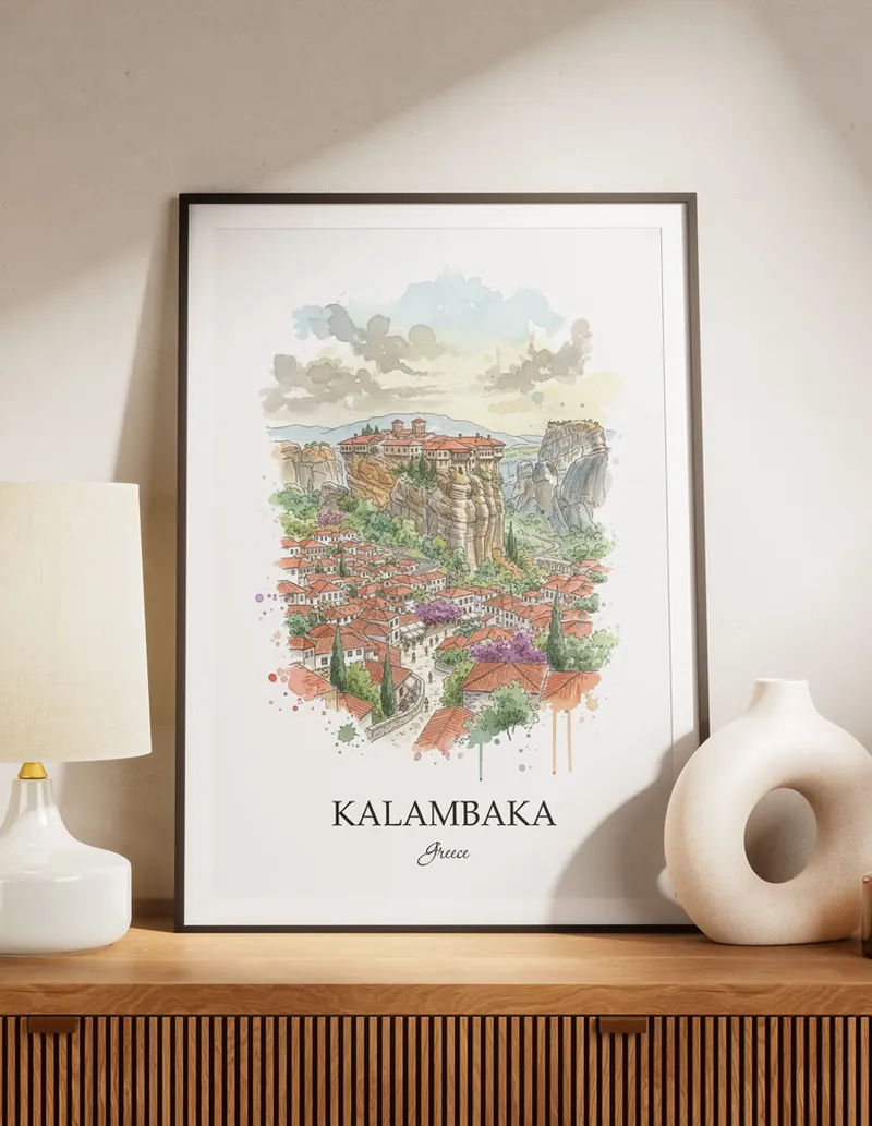 A lovely interior preview showcasing a vintage-vibe travel poster design of the scenic Kalambaka (Meteora) city.