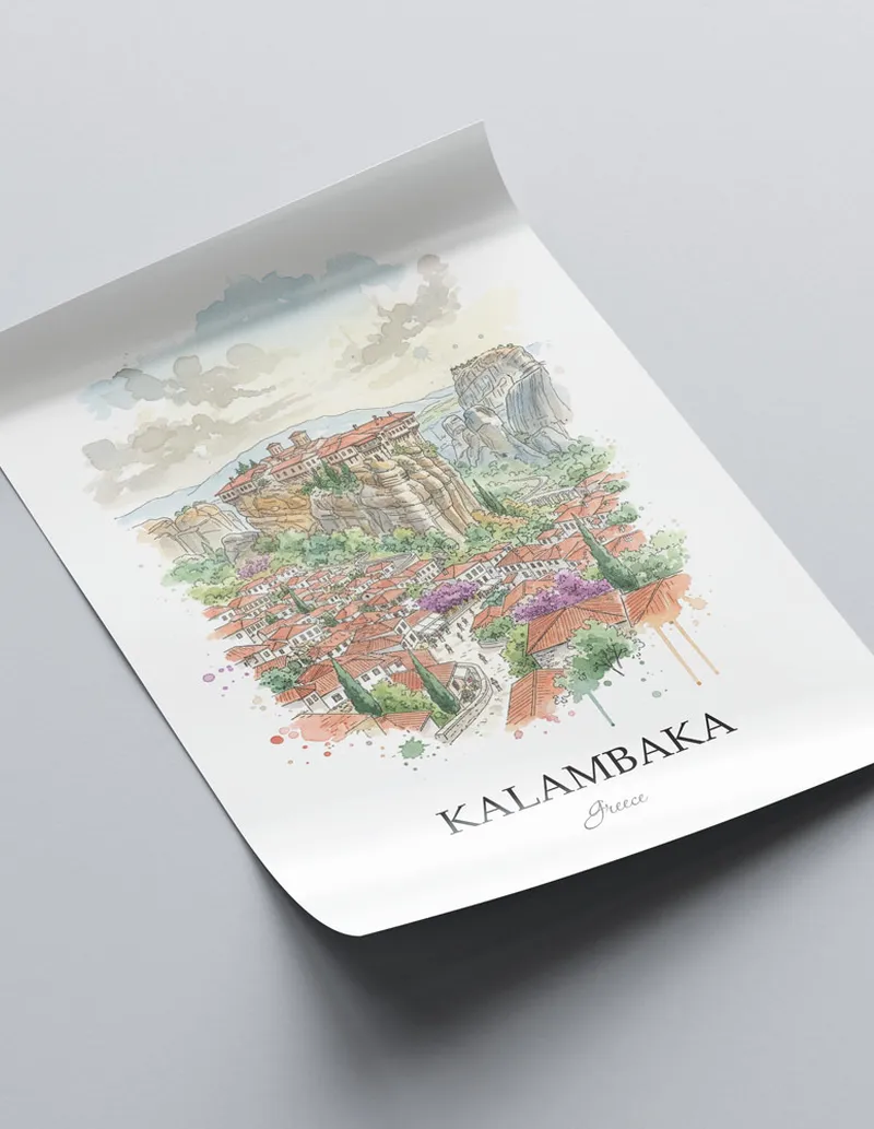 A close-up of a high-quality paper print featuring the Kalambaka (Meteora) city minimalist design.