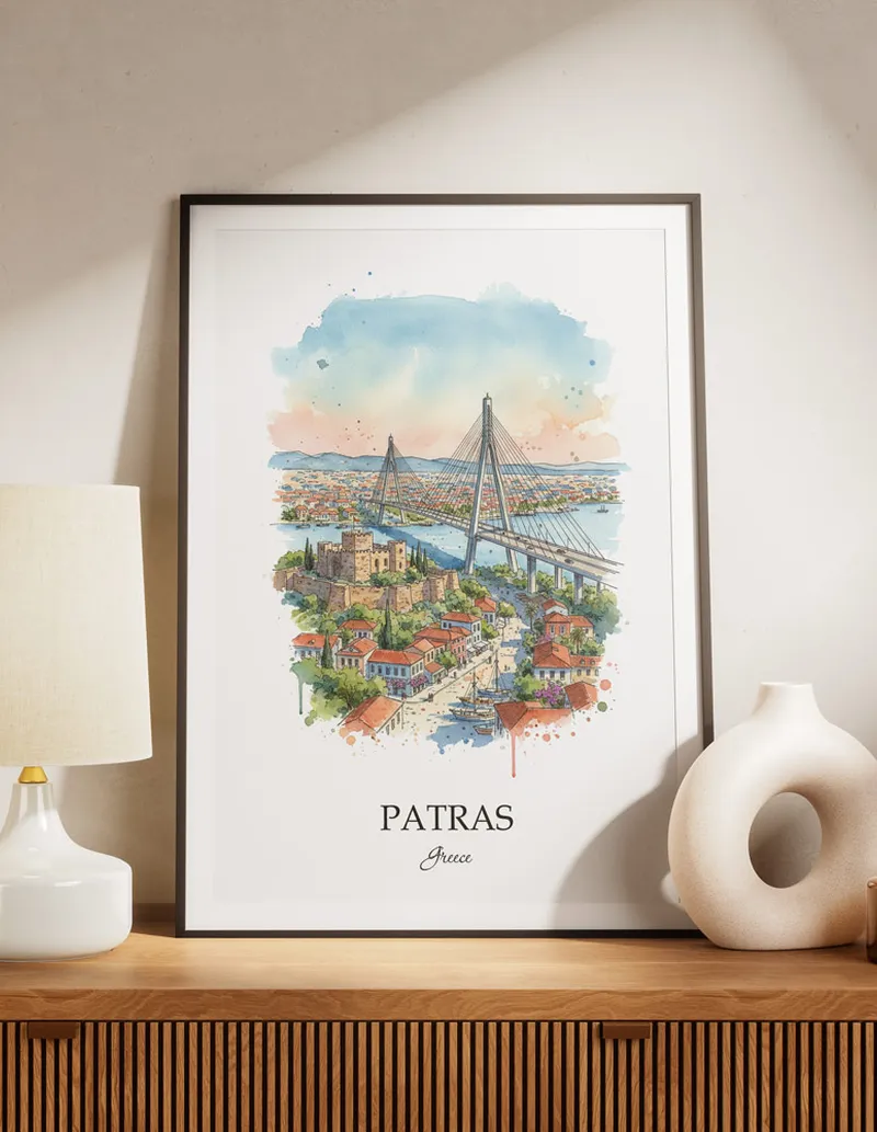 A lovely interior preview showcasing a vintage-vibe travel poster design of the scenic Patras city.