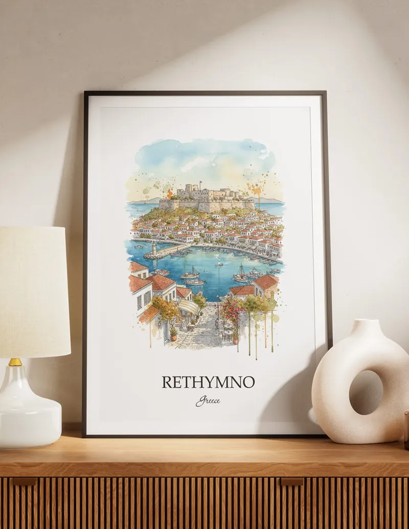A lovely interior preview showcasing a vintage-vibe travel poster design of the scenic Rethymno city.