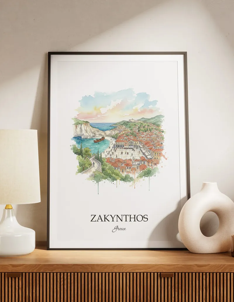 A lovely interior preview showcasing a vintage-vibe travel poster design of the scenic Zakynthos (Town) city.