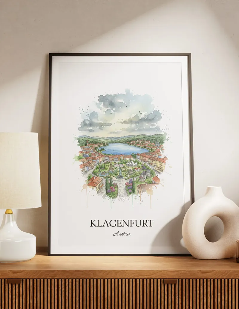 A lovely interior preview showcasing a vintage-vibe travel poster design of the scenic Klagenfurt city.