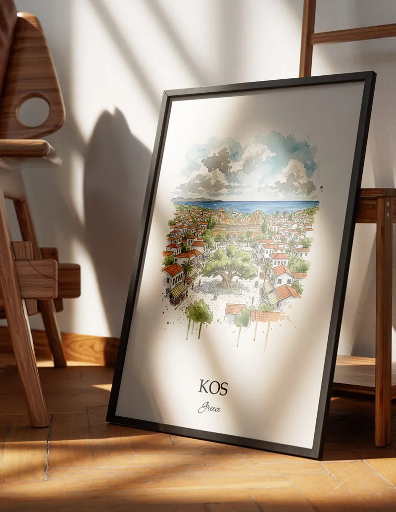 Minimalist poster of Kos (Town) city in Greece in a light frame standing on the floor in a dark moody interior.