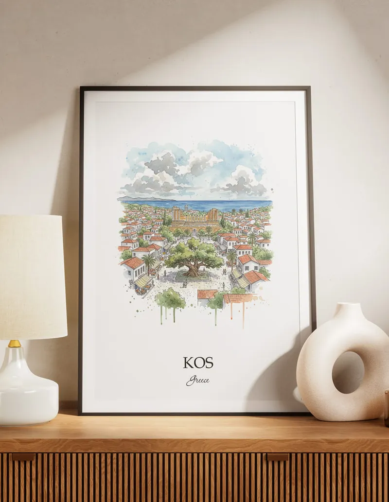 A lovely interior preview showcasing a vintage-vibe travel poster design of the scenic Kos (Town) city.